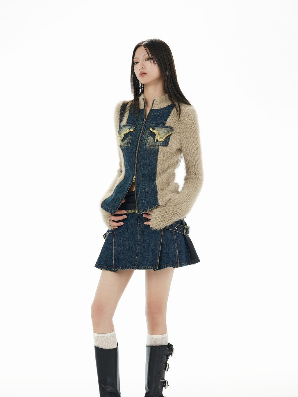 Denim&Knit Patchwork Double-Zip Fur Tops