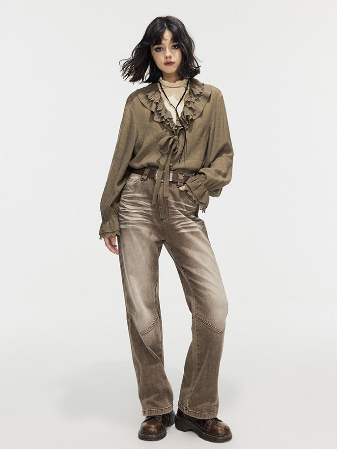 Modest Faded Denim Vintage Flare-Pants