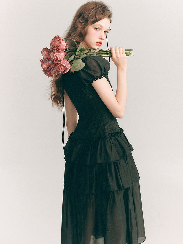 Spitze elegant langstufig schiere Puffs-Sleeve Ein-Stück