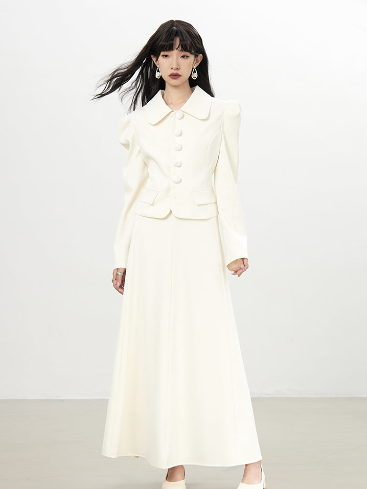Power-Shoulder Big-Button Suit Plain Jacket&Long-Skirt