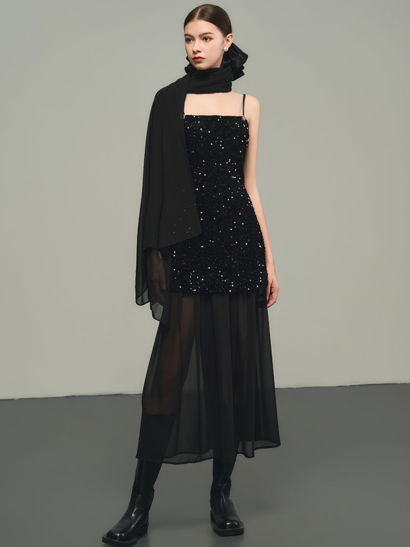 Sequins Elegant Bijou Flare Ciffon Camisole&Long-Skirt