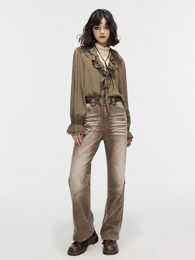 Modest Faded Denim Vintage Flare-Pants