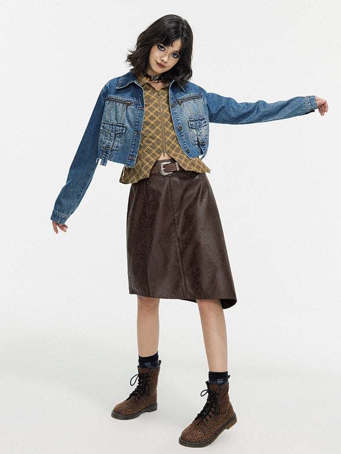 Leather Lace Asymmetry Middle Skirt