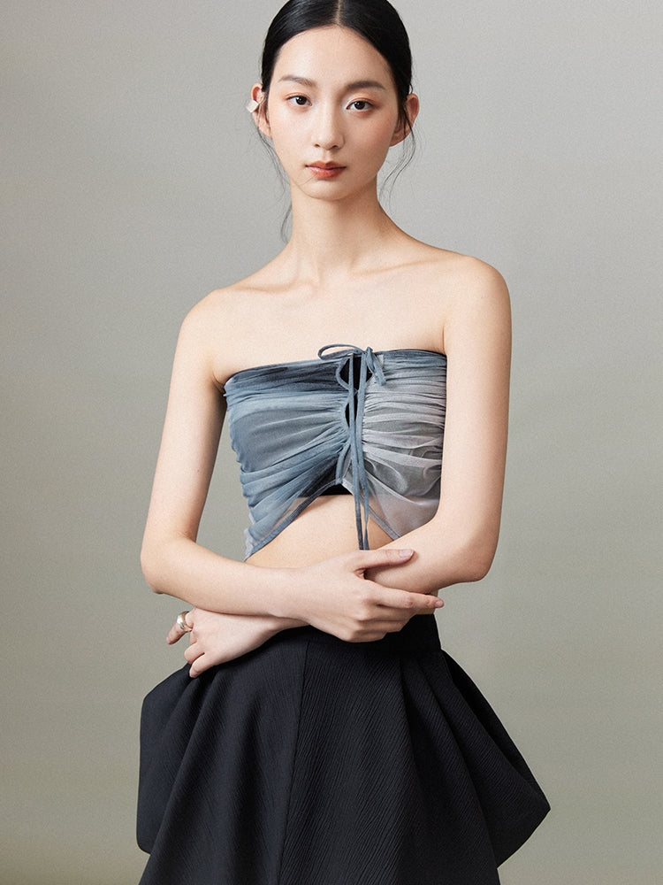 Drawstring Gradation Ciffon Sheer Bare-Top