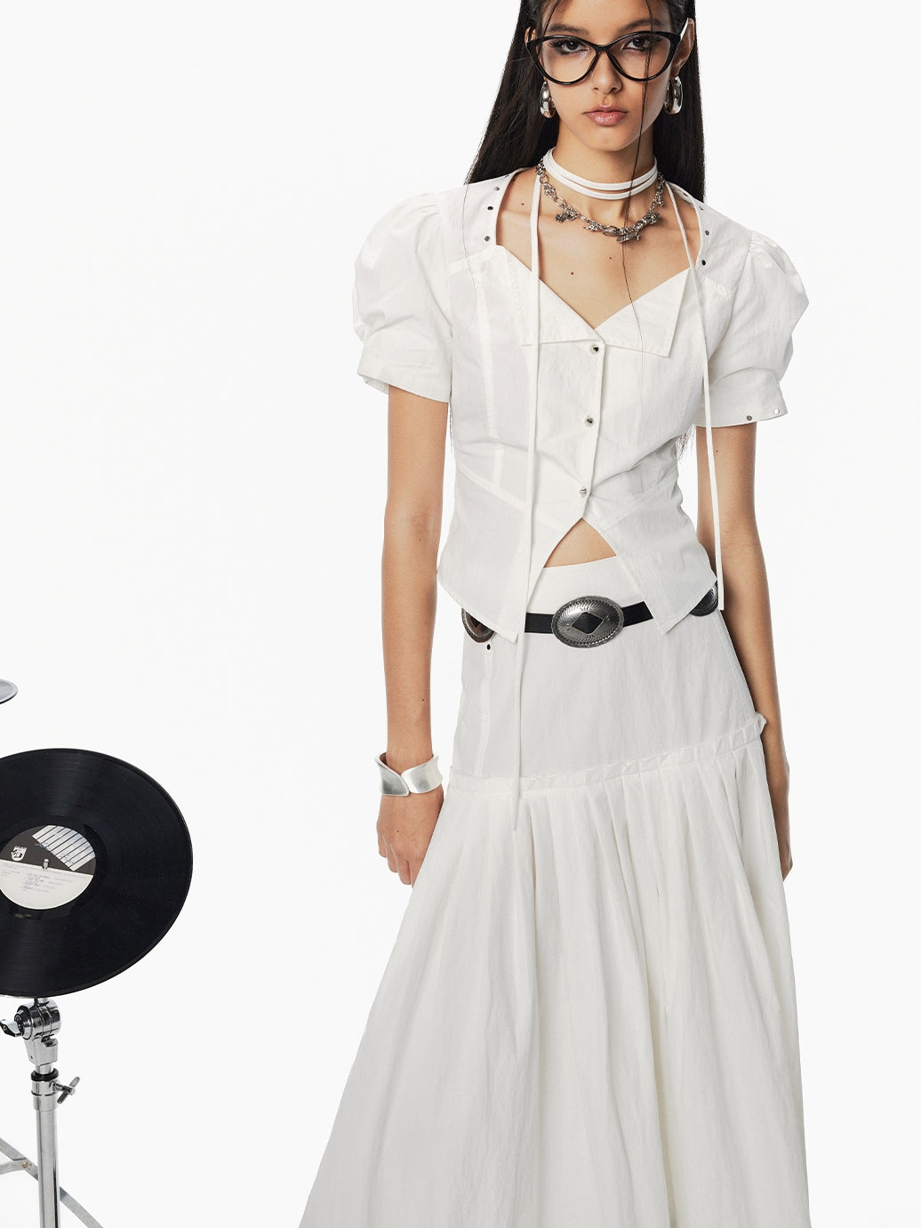 Puff-Sleeve Back-Lace-Up Tiered Flare Blouse & Long-Skirt