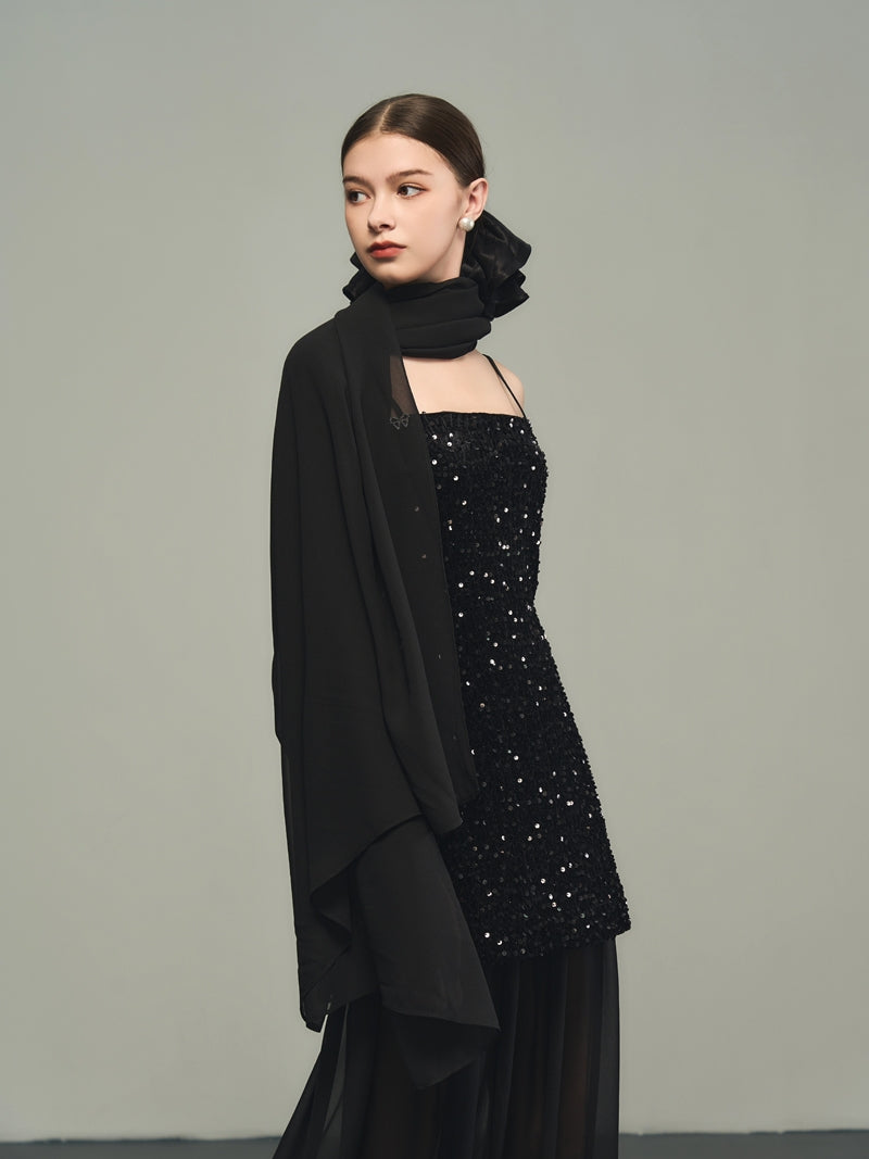 Sequins Elegant Bijou Flare Ciffon Camisole&Long-Skirt