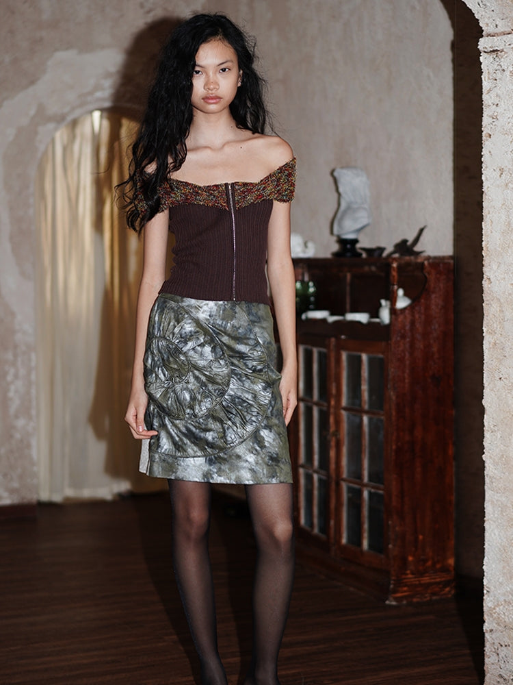 암커버 컬러풀한 오프숄더 지퍼 유니크 니트