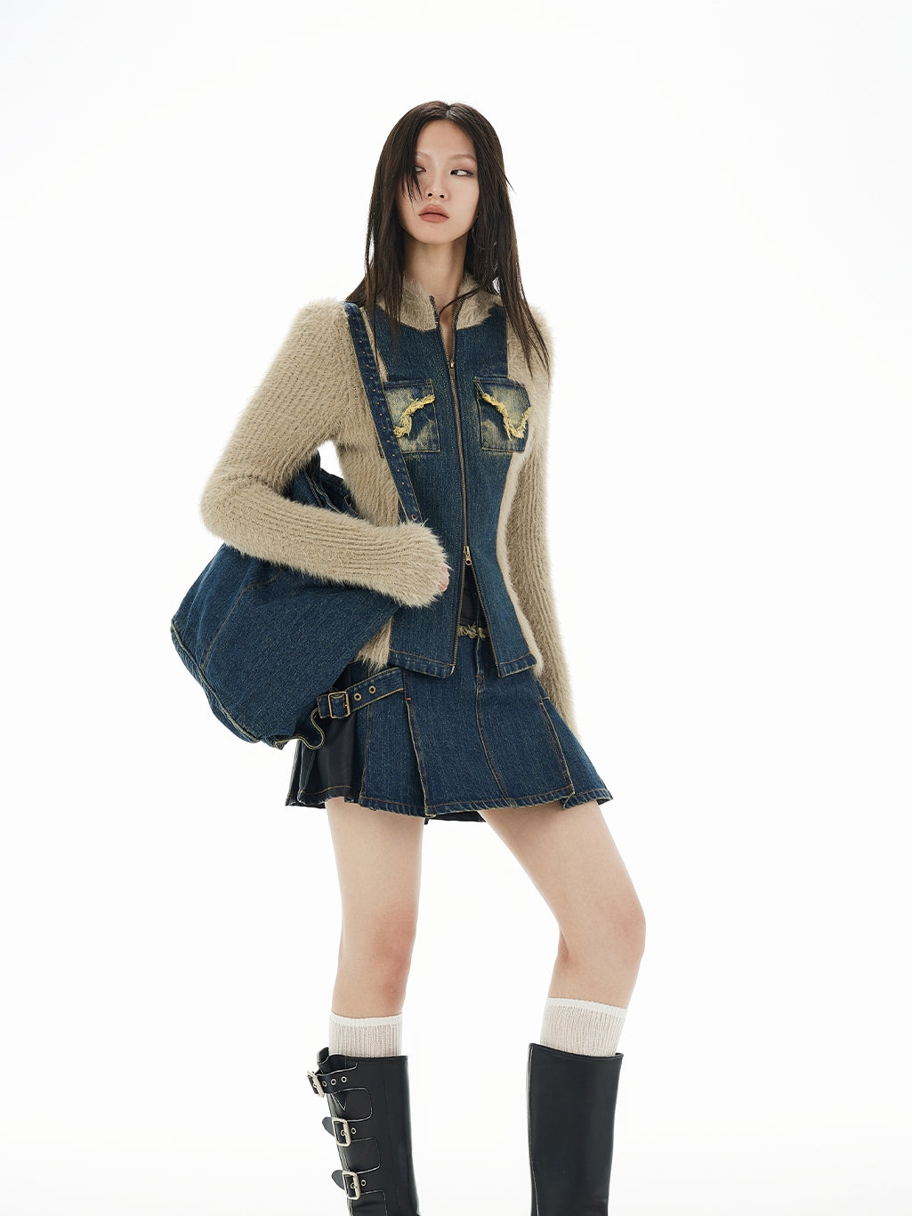 Denim&Knit Patchwork Double-Zip Fur Tops