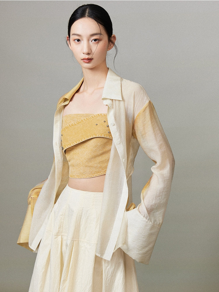 수채화 백 오픈 타이 염색 깎아 지른 대형 셔츠