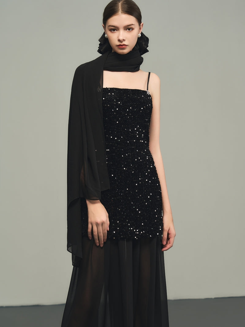 Sequins Elegant Bijou Flare Ciffon Camisole&Long-Skirt