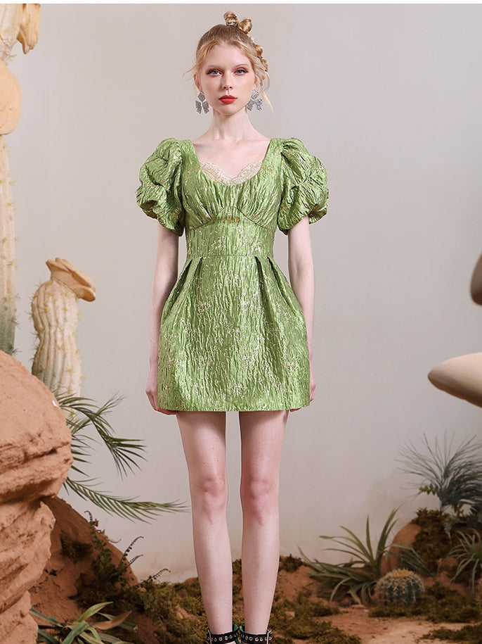 Glossy Unique Wrinkled Puff-sleeve Chic One-piece