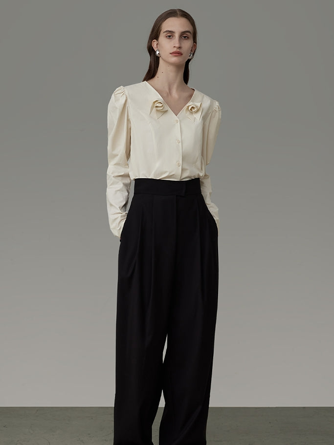 No-Collar Rose-Motif Power-Shoulder Classy Blouse