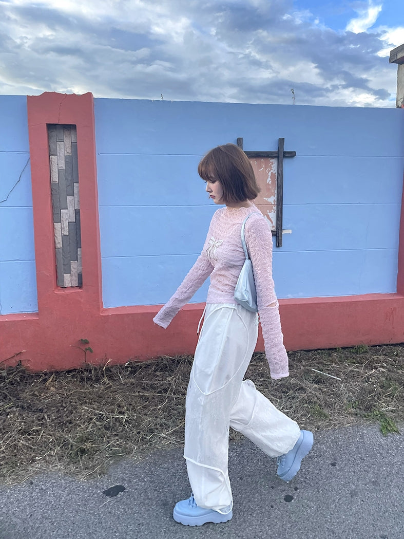 레이스 리본 주름진 여성스러운 얇은 진주 컷팅