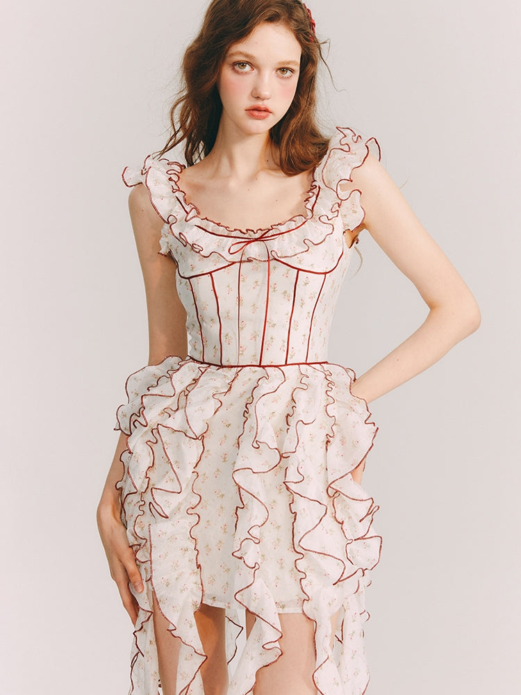 비대칭 프러플 여자 꽃 원피스