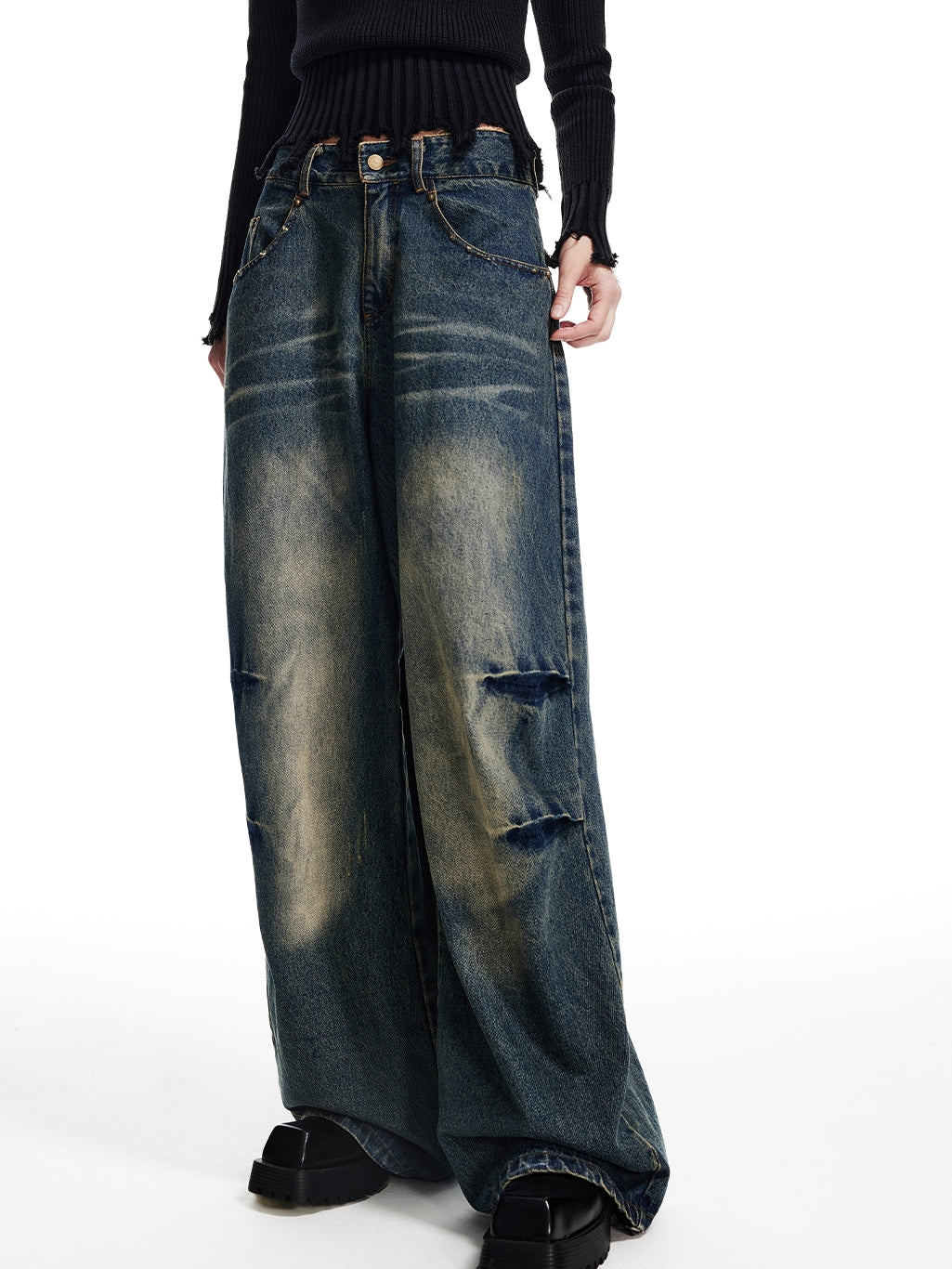 Denim Loose Faded Casual Wide-Pants
