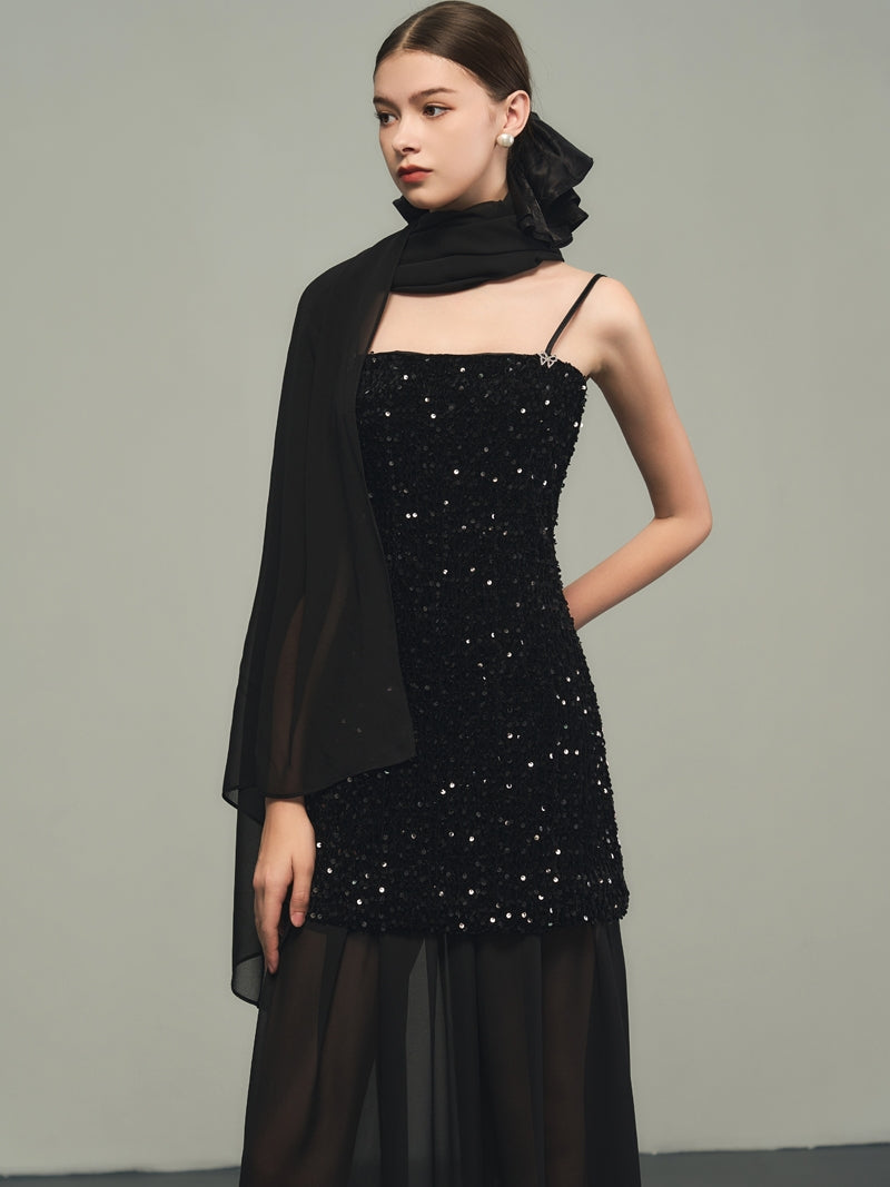 Sequins Elegant Bijou Flare Ciffon Camisole&Long-Skirt