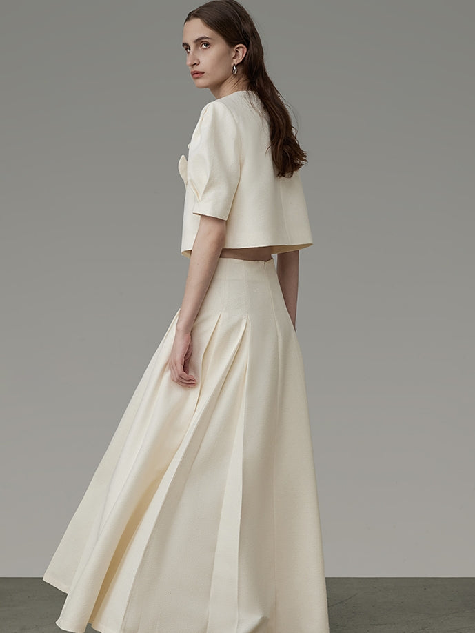 Flower Embroidery Puff-Sleeve Formal Blouse&Long-Skirt