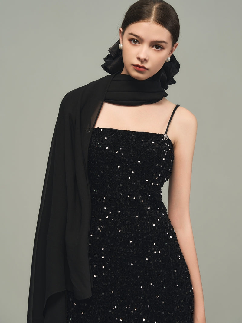 Sequins Elegant Bijou Flare Ciffon Camisole&Long-Skirt
