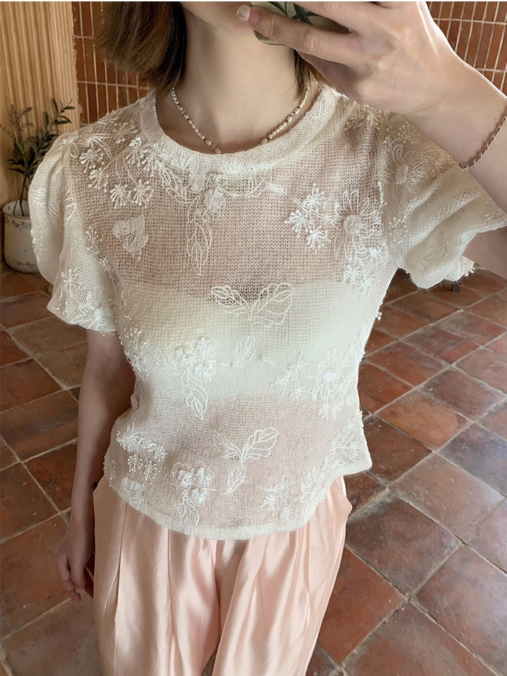 Puff-sleeve Mesh Sheer Flower Tops