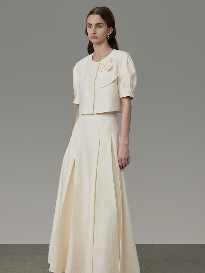 Flower Embroidery Puff-Sleeve Formal Blouse&Long-Skirt