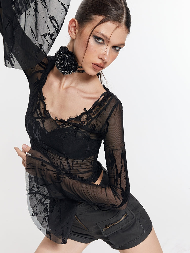 Lace Lace-Up Leather Paint Tight Sheer-Cut & Pencil-Skirt