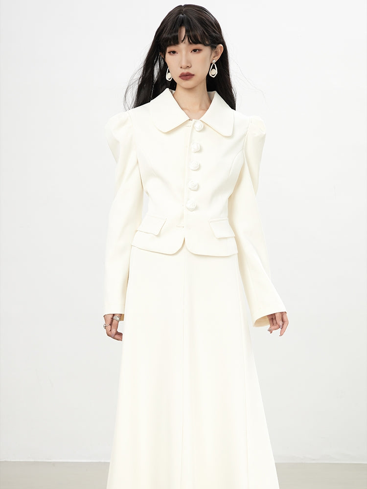 Power-Shoulder Big-Button Suit Plain Jacket&Long-Skirt