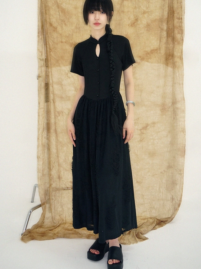 타이 염색 꽃 레이스 반 버튼 긴 일체형