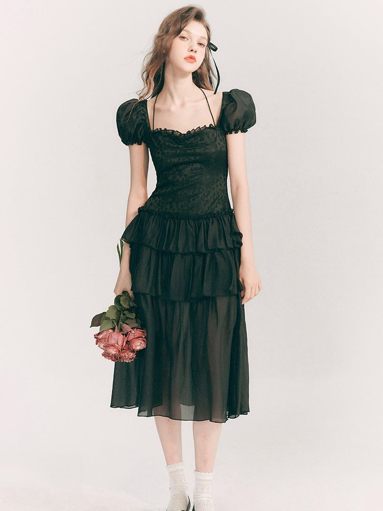 Spitze elegant langstufig schiere Puffs-Sleeve Ein-Stück