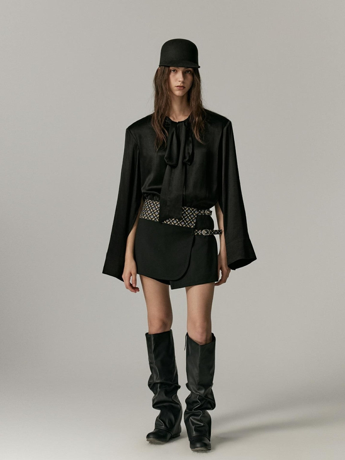 Ribbon-Tie Oversize Cape Blouse
