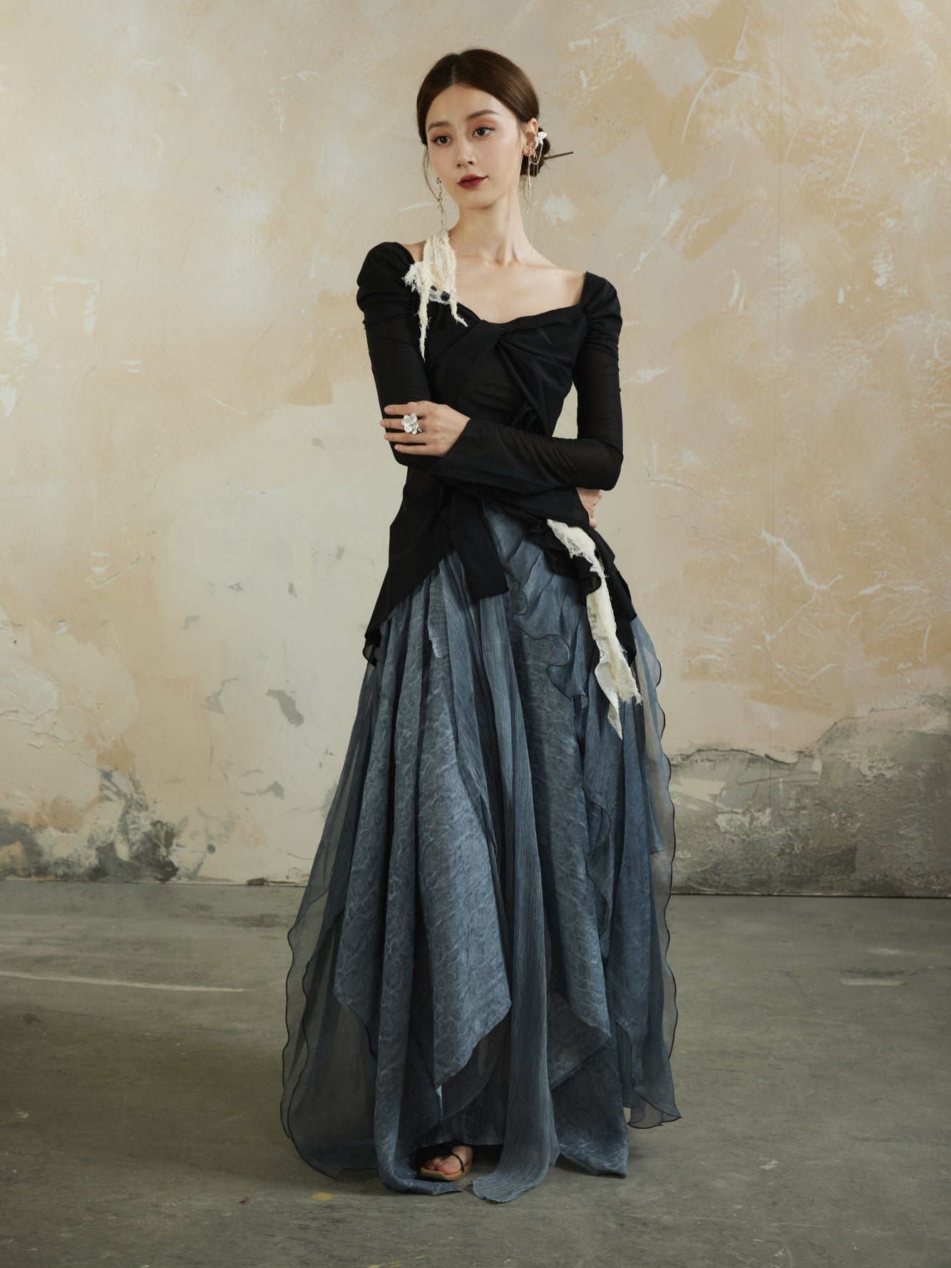 Asymmetry Romantic Ciffon Volume Flare Elegant Fluffily Long-Skirt