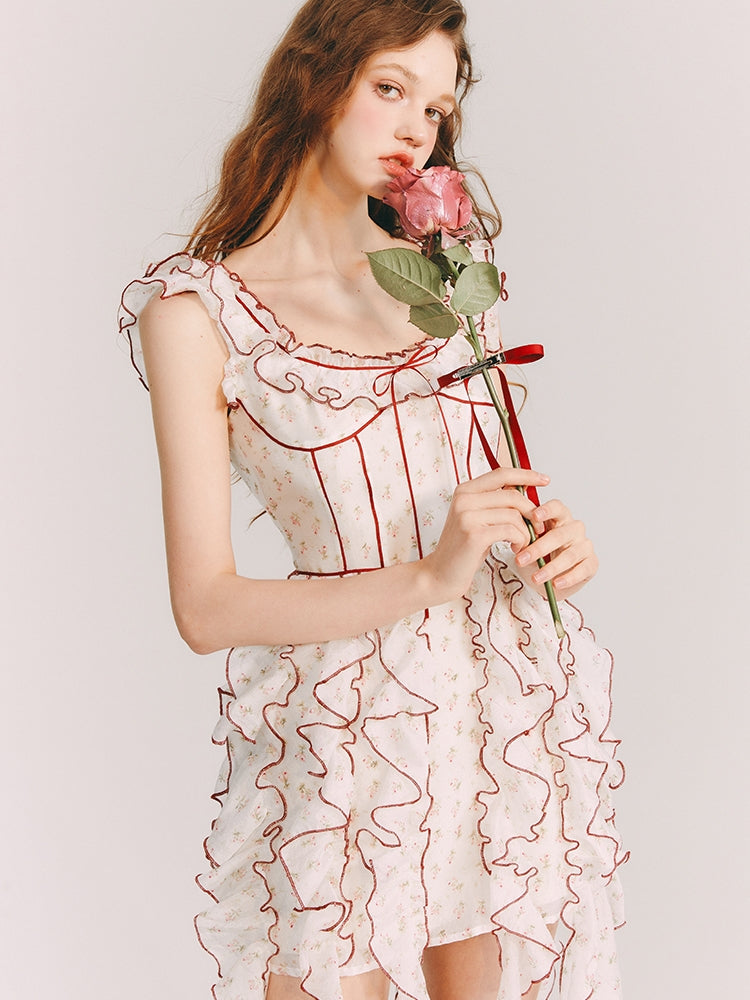 비대칭 프러플 여자 꽃 원피스