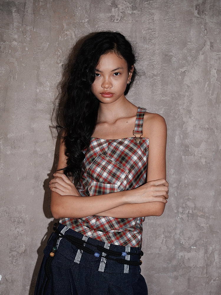 체크 백 오픈 백-크로스 걸리 탑