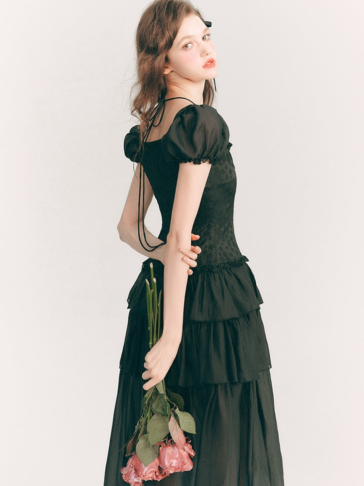 Spitze elegant langstufig schiere Puffs-Sleeve Ein-Stück