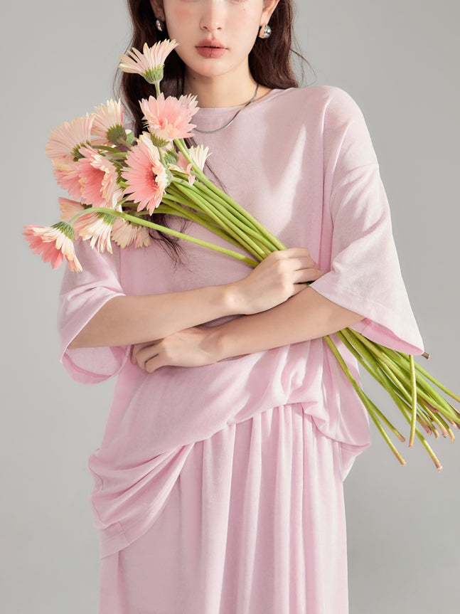 Simple Natural Crew-Neck Plain T-Shirt&Long-Skirt