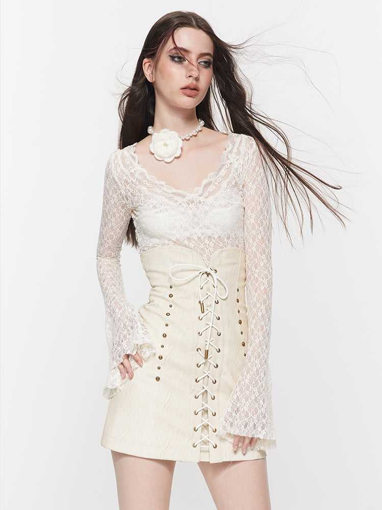 Lace Lace-Up Leather Paint Tight Sheer-Cut & Pencil-Skirt