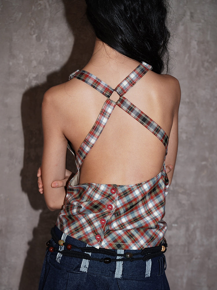 체크 백 오픈 백-크로스 걸리 탑