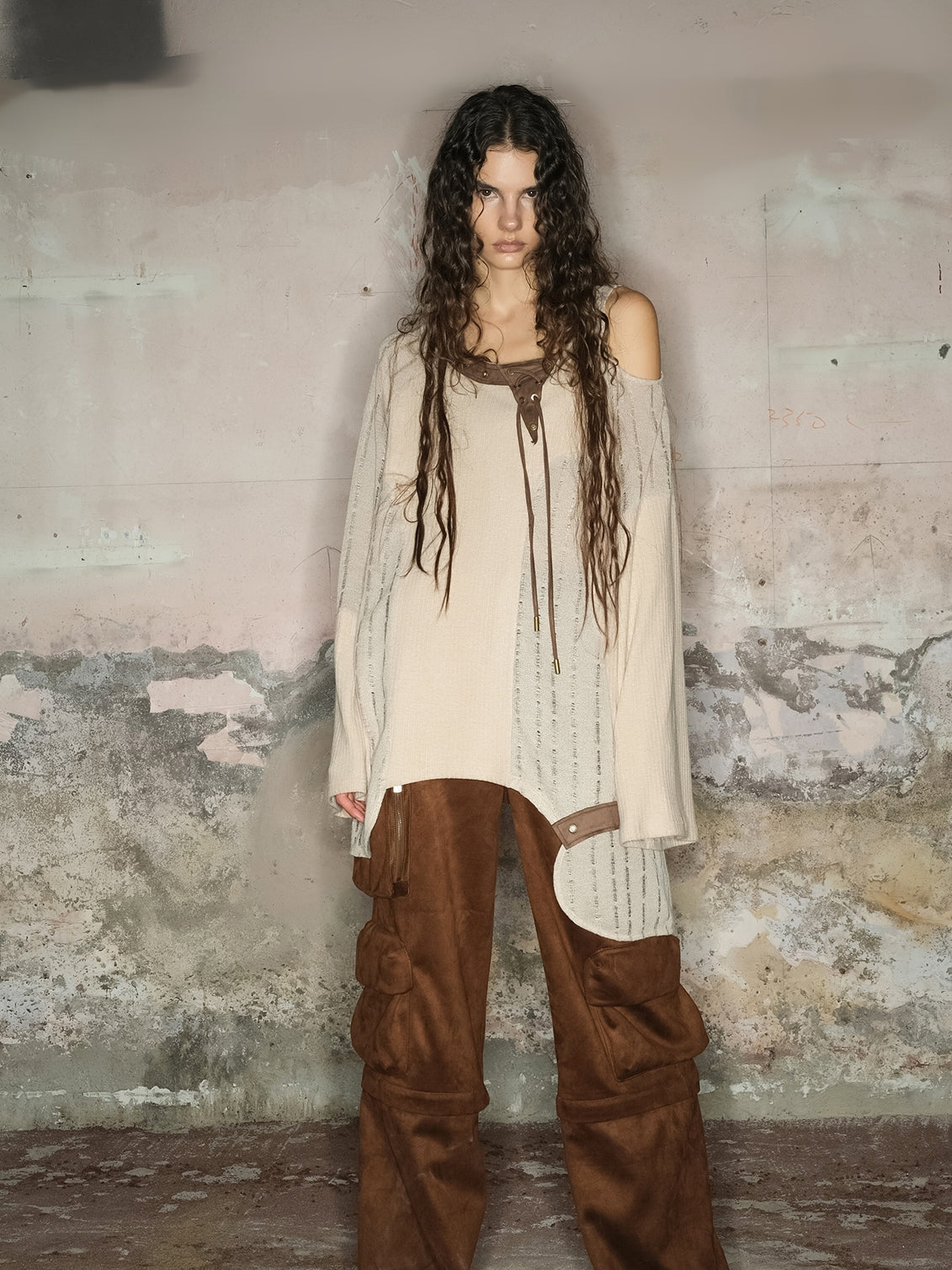 느슨한 얇은 비대칭 니치 술 열린 숄더 롱 탑 & 벨트