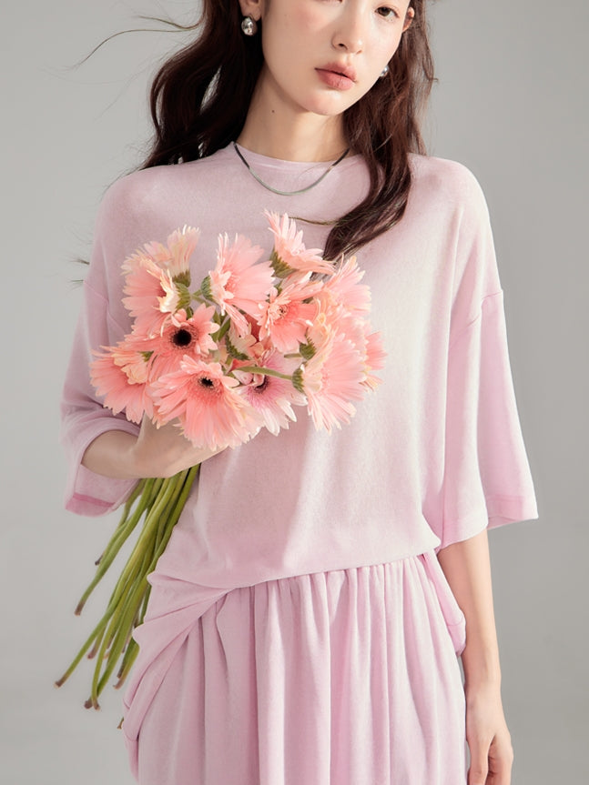 Simple Natural Crew-Neck Plain T-Shirt&Long-Skirt