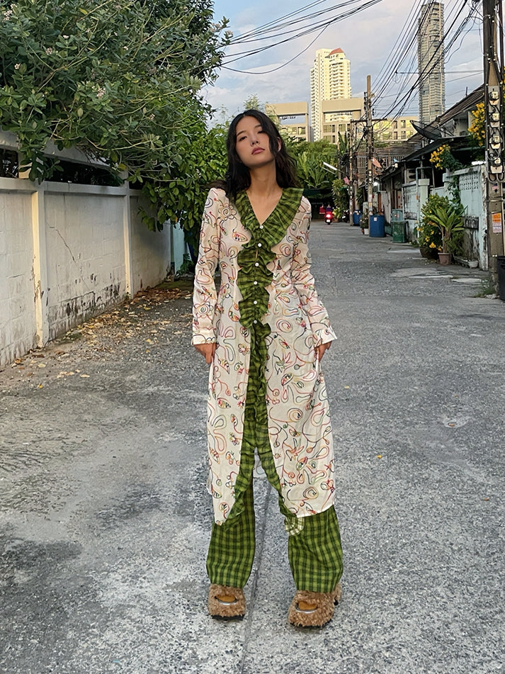 Rose Flower Checked Girly Nichi Pants