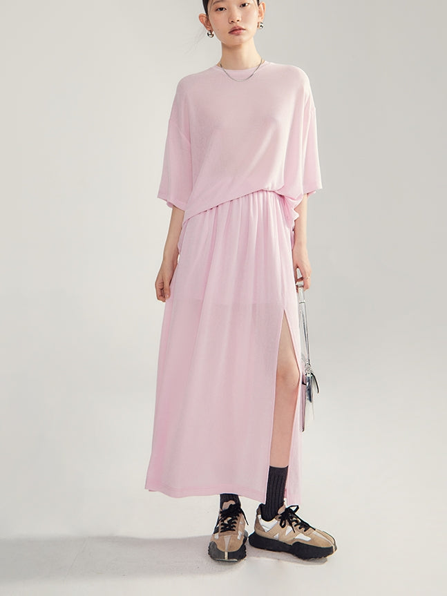 Simple Natural Crew-Neck Plain T-Shirt&Long-Skirt