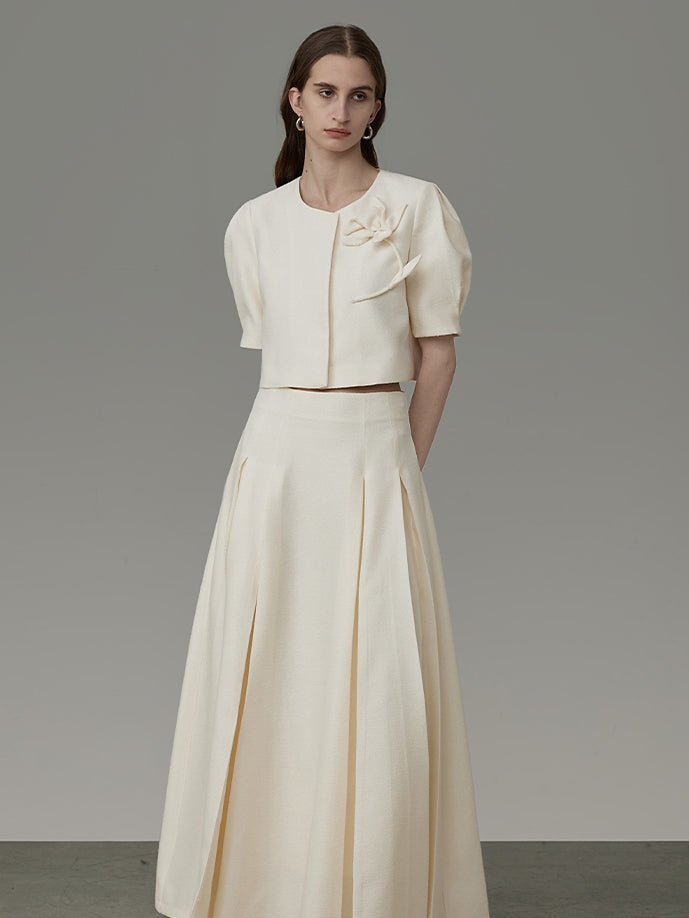Flower Embroidery Puff-Sleeve Formal Blouse&Long-Skirt