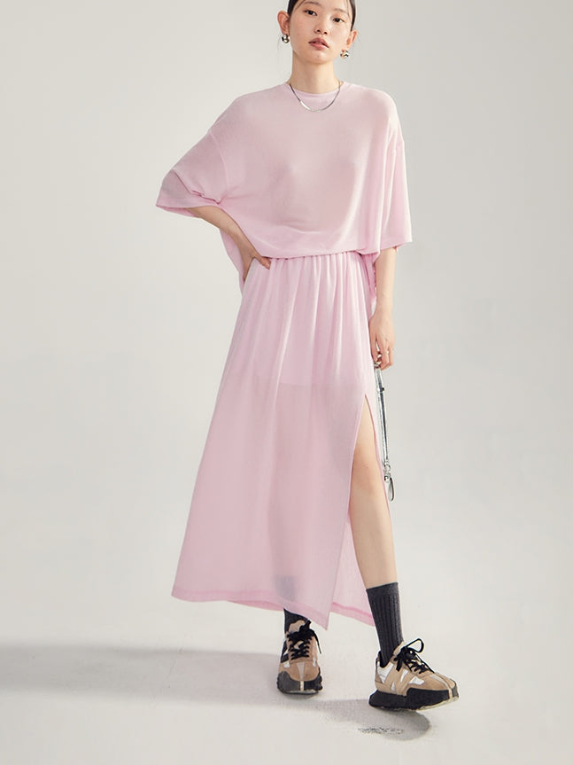 Simple Natural Crew-Neck Plain T-Shirt&Long-Skirt