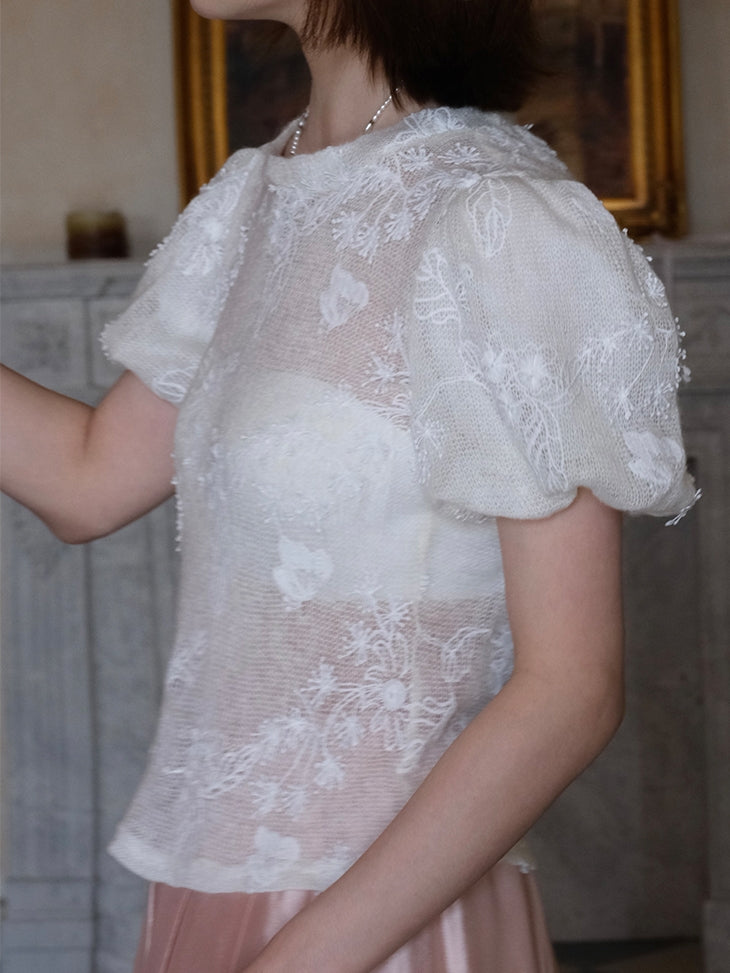 Puff-sleeve Mesh Sheer Flower Tops