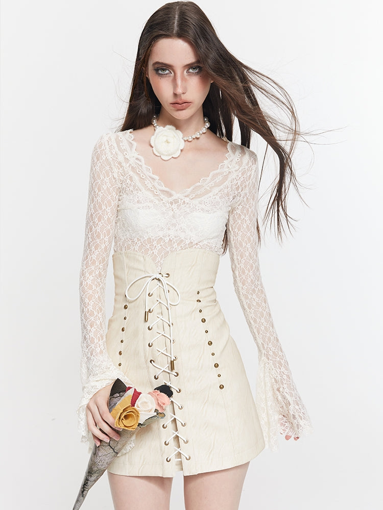 Lace Lace-Up Leather Paint Tight Sheer-Cut & Pencil-Skirt