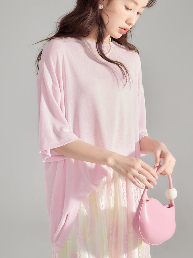 Simple Natural Crew-Neck Plain T-Shirt&Long-Skirt