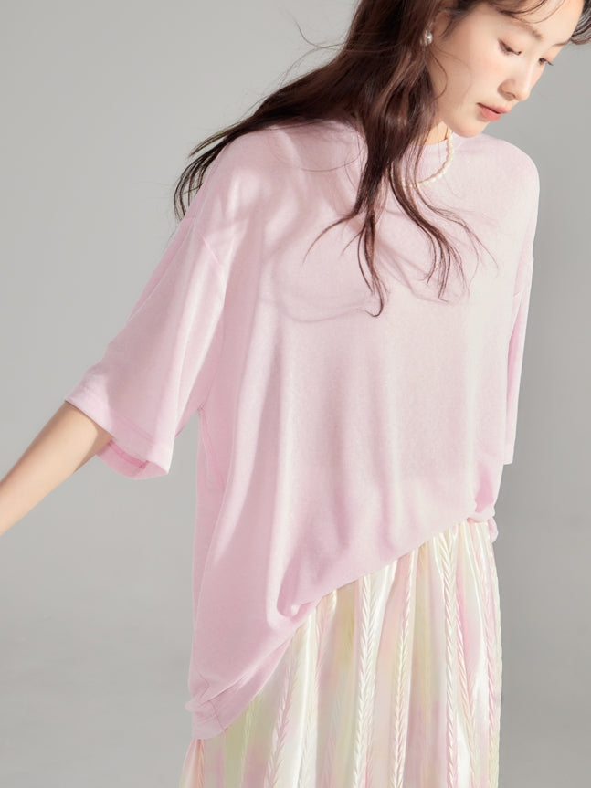 Simple Natural Crew-Neck Plain T-Shirt&Long-Skirt