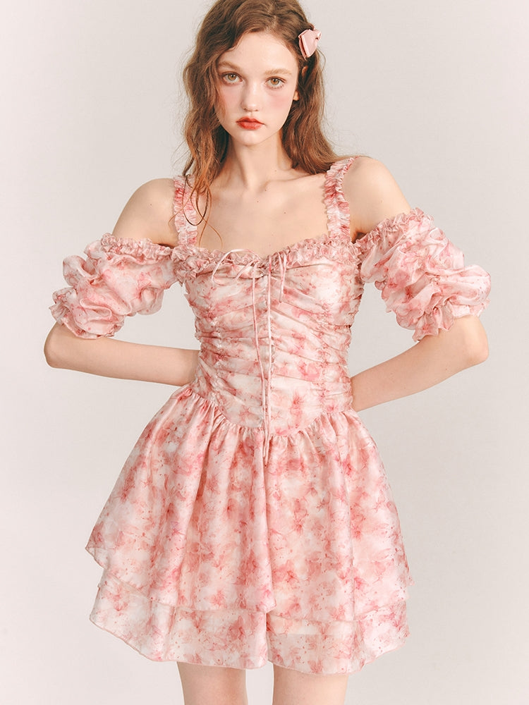 2 웨이 퍼프 슬리브 꽃은 원피스를 흐른다