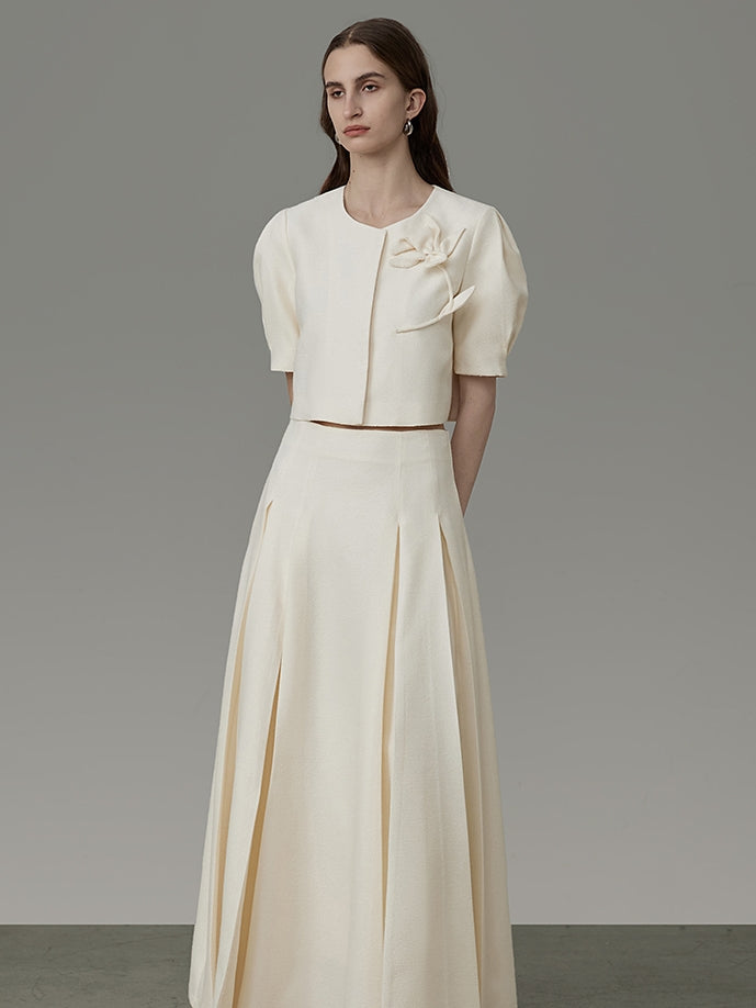 Flower Embroidery Puff-Sleeve Formal Blouse&Long-Skirt