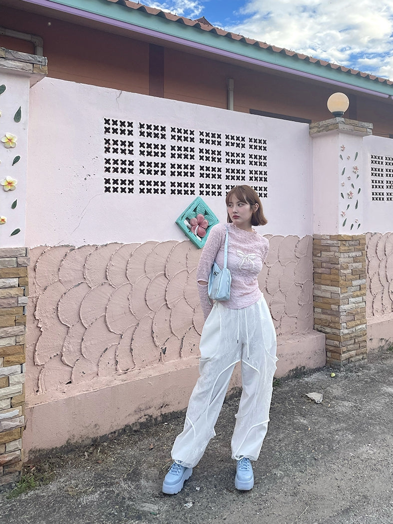 레이스 리본 주름진 여성스러운 얇은 진주 컷팅