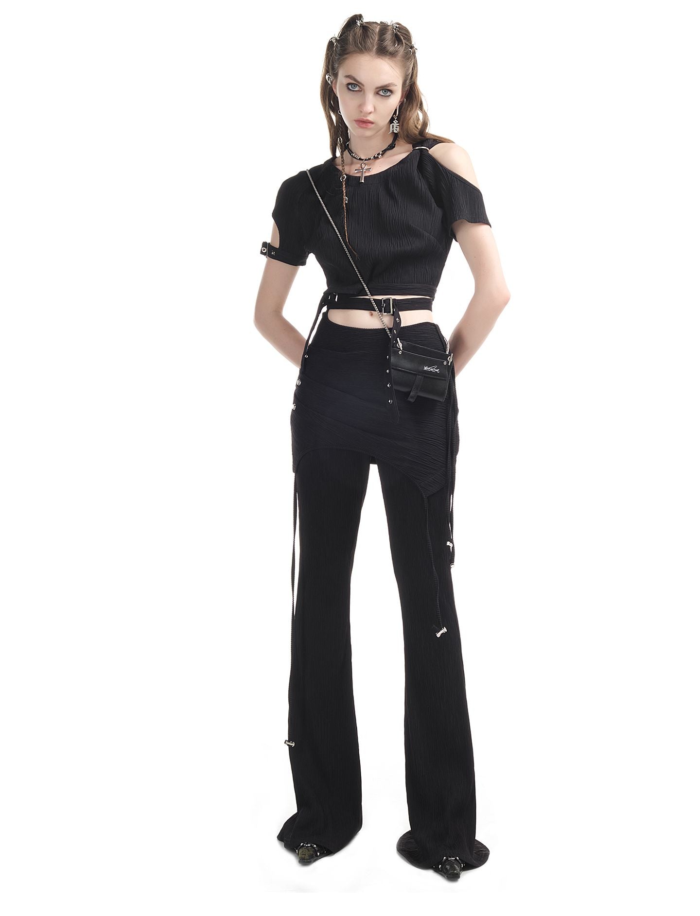 Open-shoulder Nichi Belt Cropped Cool Tops&Pants
